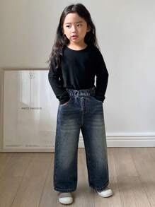 Dazy Kids Young Girl Casual Washed Elastic Waist Wide Leg Jeans