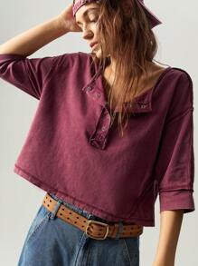 Bohemela 女士休闲纯色针织半开领短袖宽松衬衫 - 酒紅色 - 查看 3