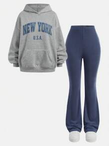 Girlism 少女两件套,碎花灰蓝,休闲百搭,宽松长袖卫衣喇叭裤,返校季,干净女孩,运动服 - 彩色 - 查看 9