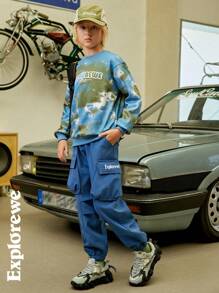 SHEIN Tween Boy Casual Letter Print Banded Leg Cargo Pants - Dusty Blue - View 9