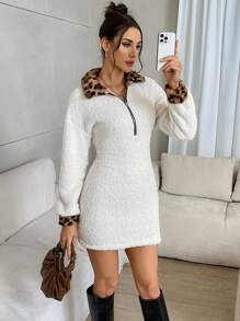 SHEIN Unity 1pc Women Solid Color Contrast Zipper Front Long Sleeve Minimalist Short Dress - Beige - View 5