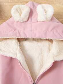 SHEIN 女童可爱卡通熊图案拉链立领毛绒连帽夹克，适合秋冬季 - 粉色 - 查看 4