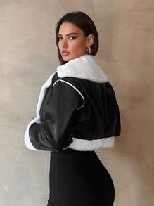 SHEIN Tall Teddy Bear Lined Short Black PU Leather Jacket - Black - View 2