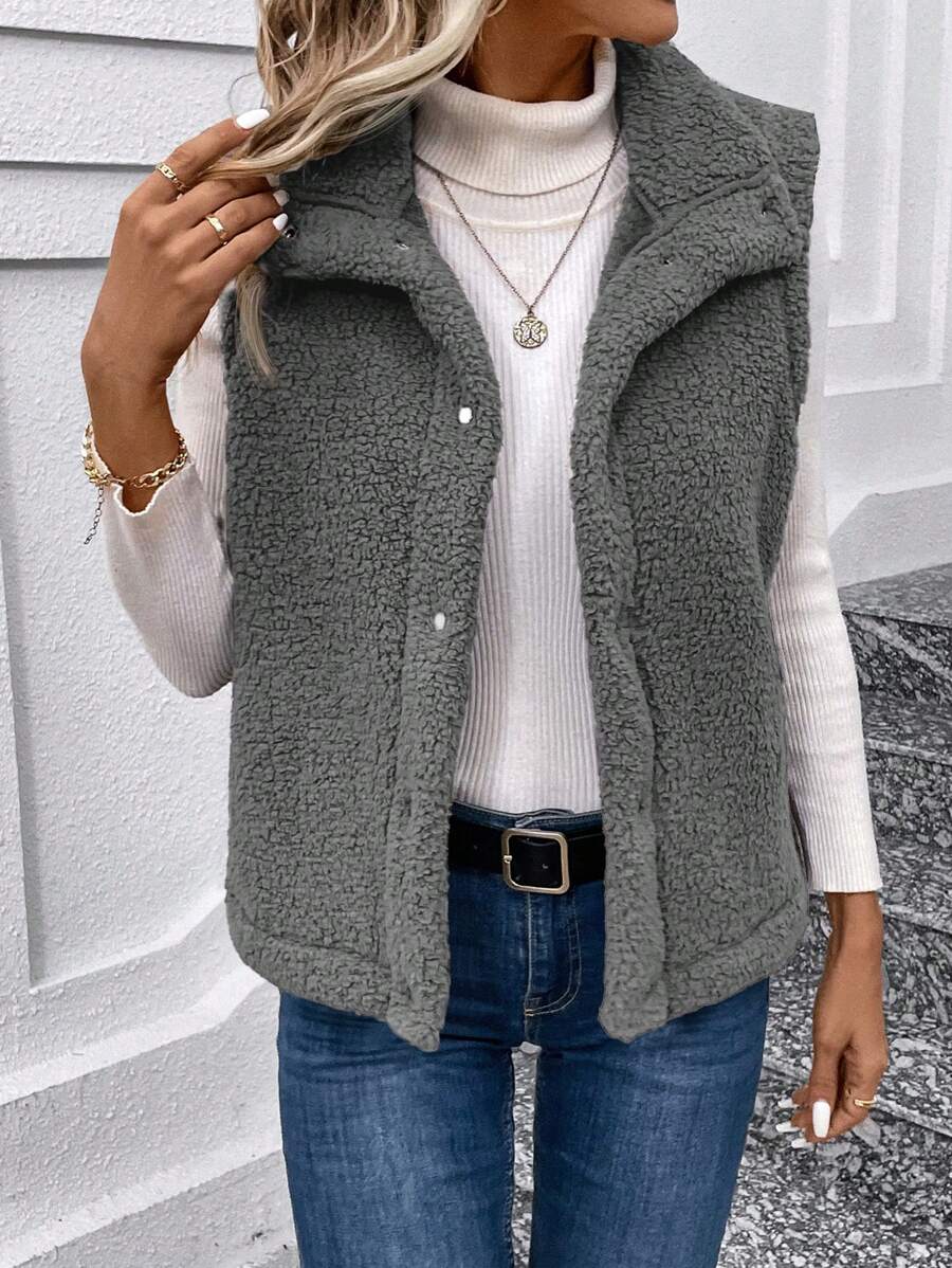 SHEIN LUNE Áo khoác vest rộng rãi thoải mái cho nữ 2 mặt lông cừu, mùa thu/đông - Xám - Xem 1
