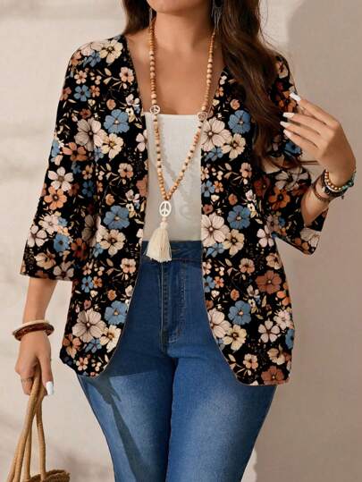 SHEIN LUNE Casual Retro Floral Print Plus Size Women Lightweight Jacket Fall Clothes Winter Clothes Autumn