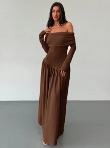 Aloruh New Apricot Off-Shoulder High Waist A-Line Long Sleeve Bodycon Dress, Stretchy & Slimming, Summer Dresses For Women,Tea Party Dress