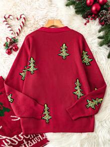 SHEIN LUNE Plus Size Women Christmas Tree Pattern Long Sleeve Single-Breasted Casual Loose Cardigan, Autumn/Winter - Red - View 2