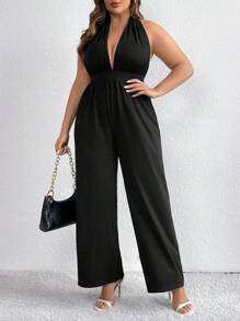 SHEIN Unity Bộ đồ liền thân hở lưng màu trơn cỡ lớn cho nữ - màu đen - Xem 5