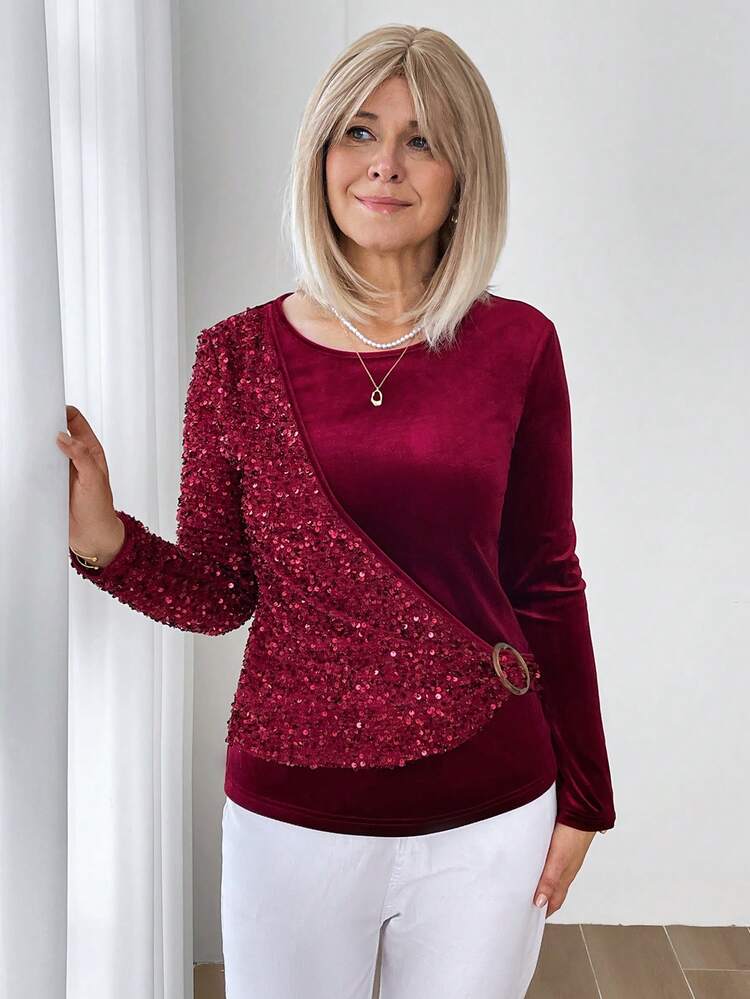 Camiseta elegante con parches de lentejuelas de unicolor, cuello redondo y manga larga para mujer, estilo otoñal