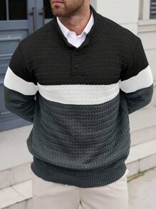 Manfinity Homme Plus Size Men Contrast-Color Button Casual Knit Sweater - Multicolor - View 7