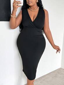 Maweii Vestido elegante negro de talla grande para mujer con escote en V, sin mangas y ajustado, conjunto de vestido largo de mujer de verano - Negro - Ver 5