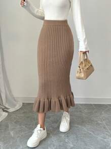 Chiquease Bộ áo len bó sát viền ren hoa sen thu/đông và chân váy đuôi cá - Màu Khaki - Xem 5