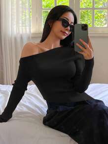 DAZY 纯色修身不对称露肩女式毛衣，返校服