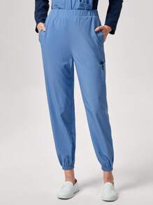 TaskEZ 女式 V 领长袖双口袋撞色休闲女式 T 恤刷牙制服衬衫和女士工作服直筒裤刷牙制服、健康检查手术服刷牙制服女式纯色宠物美容工作刷牙制服套装营养师工作服短袖实验室工作服女式两件套，多口袋功能性工作服，下身松紧腰带方便穿脱