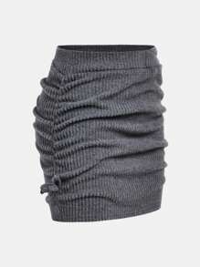 SHEIN Girlism 2pcs Tween Girls' Fitted Casual Minimal Comfy Ribbed Off Shoulder Top And Mini Skirt Set - Grey - View 8