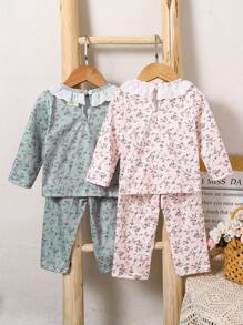 SHEIN Vintaside Kids 2pcs Baby Girls Elegant Pink Floral Outfit Set,Cute Floral Allover Print Ruffle Hem Long Sleeve Top And Long Pants,Autumn Night Pajama Sets - Multicolor - View 2