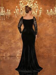 Glamrae Plus Size Black Strapless Corset Contrast Lace Sexy Sheer High Waisted Slim Mermaid Elegant Evening Dress, Formal Prom Gown, For Wedding Guest, Graduation, Dinner - Black - View 3