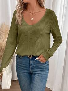 SHEIN Frenchy Lace Spliced Long Sleeve Waffle Fabric Black T-Shirt