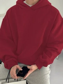 DAZY 秋季男士纯色保暖连帽运动衫 - 紅色 - 查看 6