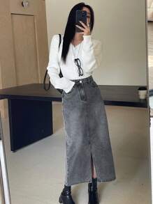 DAZY Women Casual Washed Denim Slit A-Line Skirt, Autumn/Winter Jeans Skirt