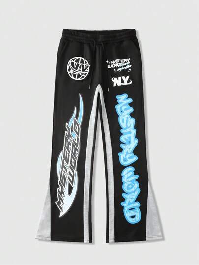 Street Life Pantalon de survêtement décontracté superposé à imprimé lettre et évasé pour hommes, streetwear