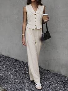 SHEIN Frenchy 2 件女式圆领纽扣前背心和休闲裤套装、无袖西装领背心和直筒裤套装、返校节套装、女式纽扣衬衫 2 件套、白色两件套、女士套装、秋季服装、冬季女士套装、内外均可穿着、商务休闲女装、老钱风格套装、商务女装、秋季两件套、职业上衣 2 件套、上衣和裤子套装 - 杏色 - 查看 6