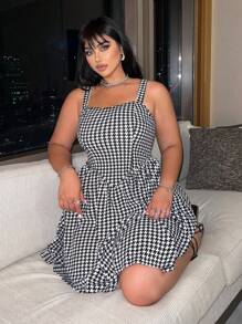Flirla Plus size zomerse casual jurk met pied-de-poule-print en geplooide bandjes