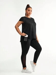 Gameset SHEIN Sport Women Plus Size Tracksuit 2 Pieces Set, Jacquard Cross Back Short Sleeve Pocket Mesh Splice Pants - Black - View 3