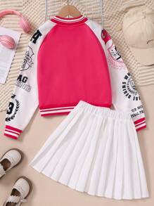 SHEIN Conjunto de 2 piezas para niñas preadolescentes: Chaqueta de béisbol con gráfico de letras y bloques de color, y falda plisada blanca - Multicolor - Ver 2