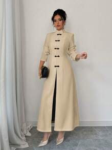 Chiquease Women French Button Long Coat/Jacket - Khaki - View 3