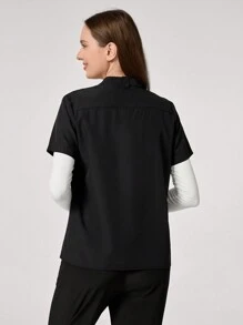 TaskEZ Blusa de mujer con cuello alto y abotonadura sencilla, de manga corta, uniforme de oficina