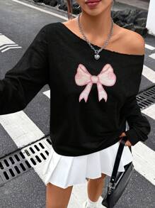 Jouncy 女式不对称蝴蝶结印花长袖休闲运动衫，秋季