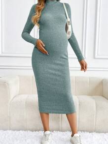 SHEIN 1 件女士纯色立领长袖简约长款休闲连衣裙，适合孕妇 - 薄荷藍 - 查看 4