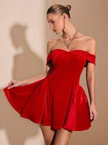 SHEIN BAE 1 chiếc váy bó sát nhung hở vai gợi cảm màu trơn cho nữ, thích hợp cho tiệc cocktail, buổi hẹn hò lãng mạn, váy lót thu đông, tiệc tùng, sự kiện trang trọng, váy phù dâu, đi chơi đêm, váy Halloween, váy Giáng sinh - Đỏ - Xem 5