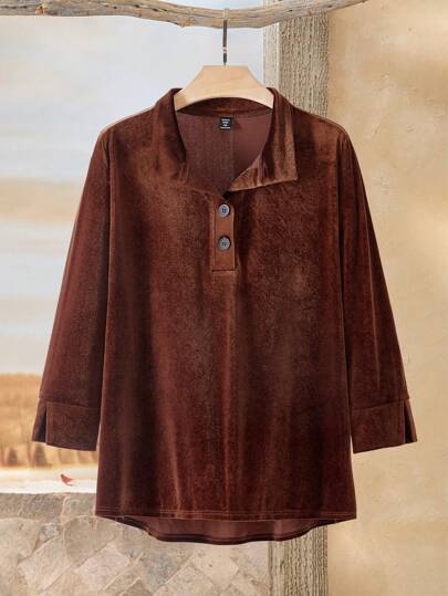 Rusticease Blusa de cuello polo de unicolor con bajo asimétrico para mujer talla grande, ideal para el invierno y el Día de Acción de Gracias