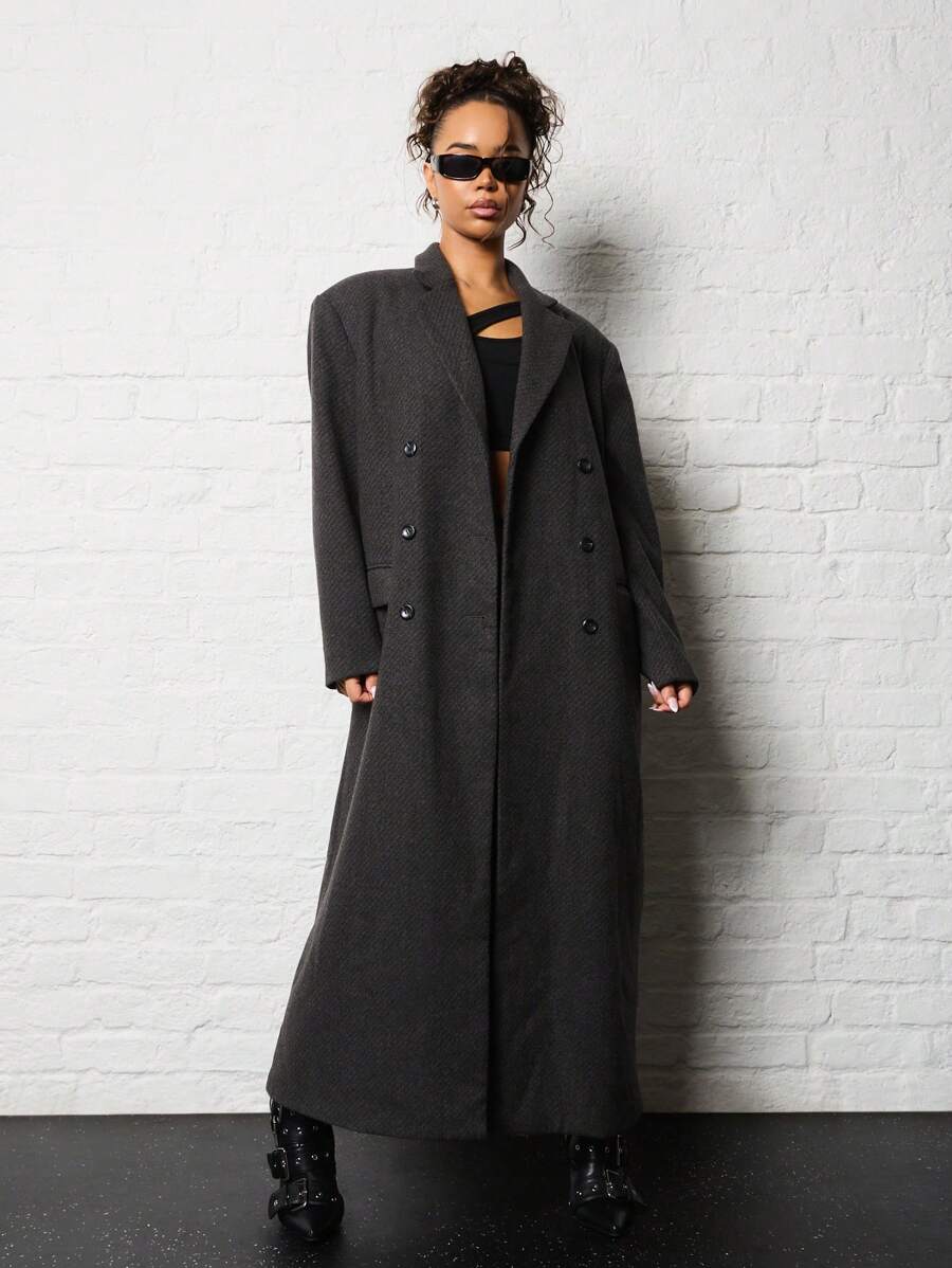 SUMWON WOMEN 双排扣长款冬季大衣经典翻领专业羊毛混纺外套秋季长款外套个性层叠单品 - 灰色 - 查看 1