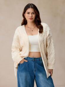 Elaquor Plus Size Casual Solid Color Drop Shoulder Loose Cable Knit Argyle Cardigan With Belt