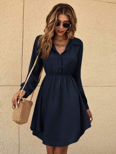 SHEIN Frenchy Women Plain Color Front Button Long Sleeve Ruched Minimalist Short Dress Winter Casual Blue Spring