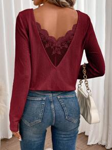 SHEIN Frenchy Lace Spliced Long Sleeve Waffle Fabric Black T-Shirt