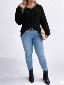 SHEIN LUNE 大码女式纯色落肩长袖宽松休闲套头毛衣秋冬季