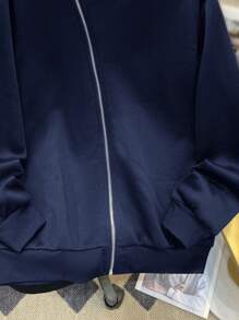 SHEIN 1 件休闲百搭舒适保暖特殊拉链领拉链针织连帽衫，适合青少年男孩、街头时尚、秋冬 - 藏蓝色 - 查看 5