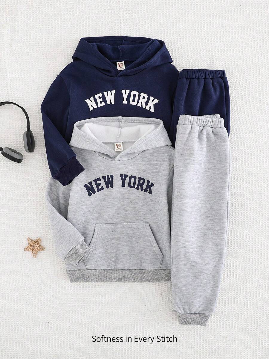 Cozy Pixies 2 件套年轻男孩字母图案连帽衫和抽绳运动裤 - 藍色 - 查看 1