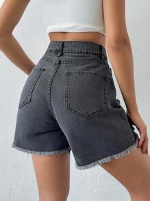 Cottnline Women Front Button Pocket Ripped Minimalist Casual Shorts - Grey - View 2