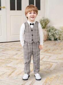 SHEIN 3 pièces Ensemble costume de jeune homme élégant comprenant veste simple à revers grise à manches longues, gilet décoré de pièces de monnaie rouges et nœud papillon, pantalon habillé, convient pour anniversaire, mariage, cérémonie, rentrée scolaire - Gris foncé - Voir 3