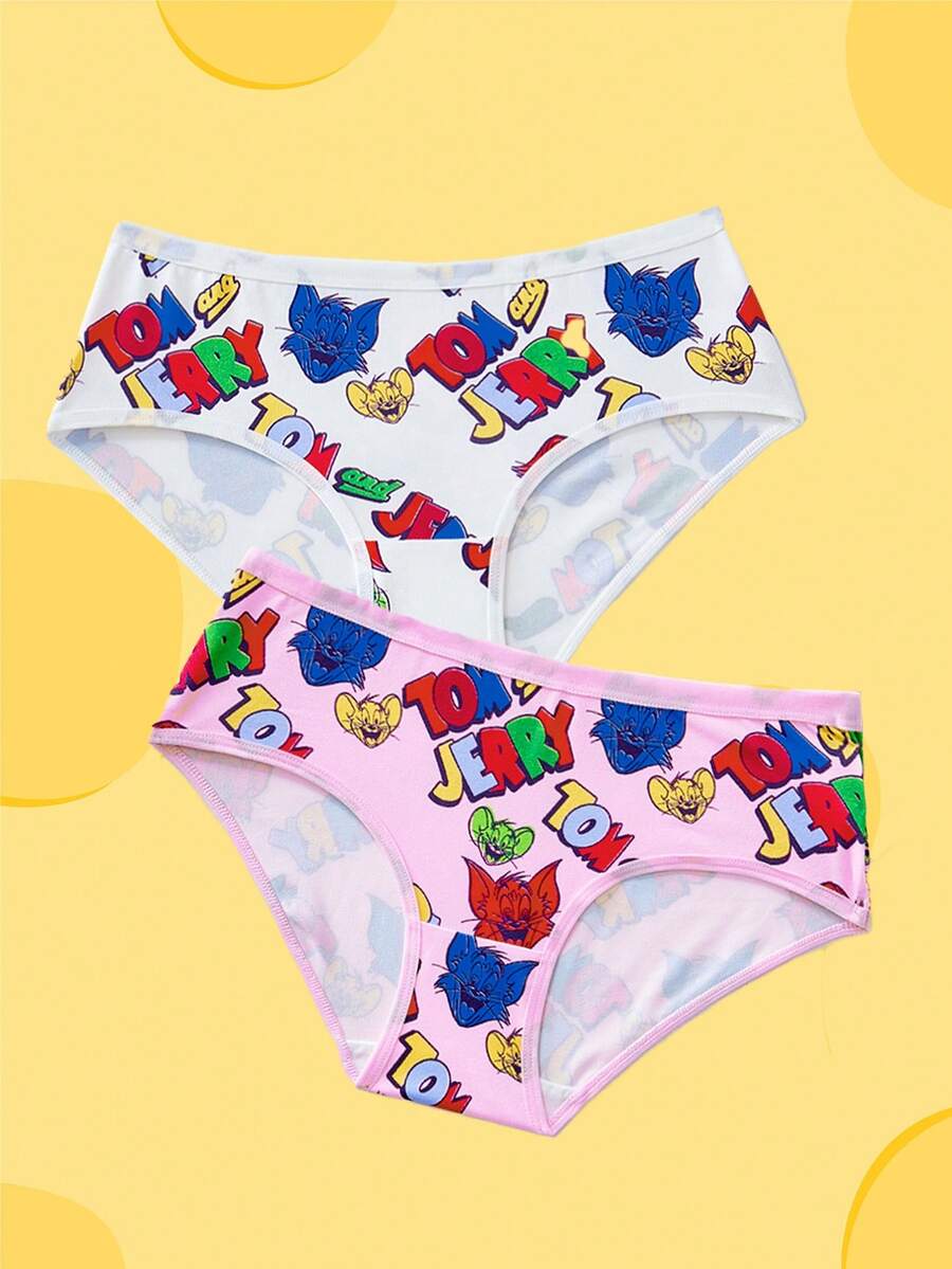TOM & JERRY X SHEIN Tween Girl 2pcs/Pack Multicolor Cute Cartoon Print Briefs - Pink - View 1