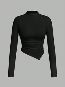 SHEIN SXY 2pcs/Set Asymmetrical Hem Mock Neck Long Sleeve T-Shirt - Multicolor - View 3