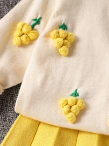 SHEIN Baby Girl 3D Grape Decor Long Sleeve Cardigan And Knit Pleated Skirt 2Pcs Set, Autumn - Yellow - View 4