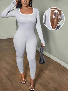 Zolique Women's Spring Summer Rounded Neck Long Sleeve Casual Jumpsuit - Light Grey - View 1