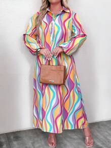 EMERY ROSE 大码全印花正面纽扣长袖休闲中长连衣裙女装 - 彩色 - 查看 5