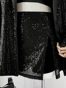 SHEIN EZwear Plus Size Women's Autumn Winter Luxury Style Lapel Collar Fitted Long Sleeve Beaded 2-Piece Suit, Homecoming Dresses, Party Wear - Black - View 10